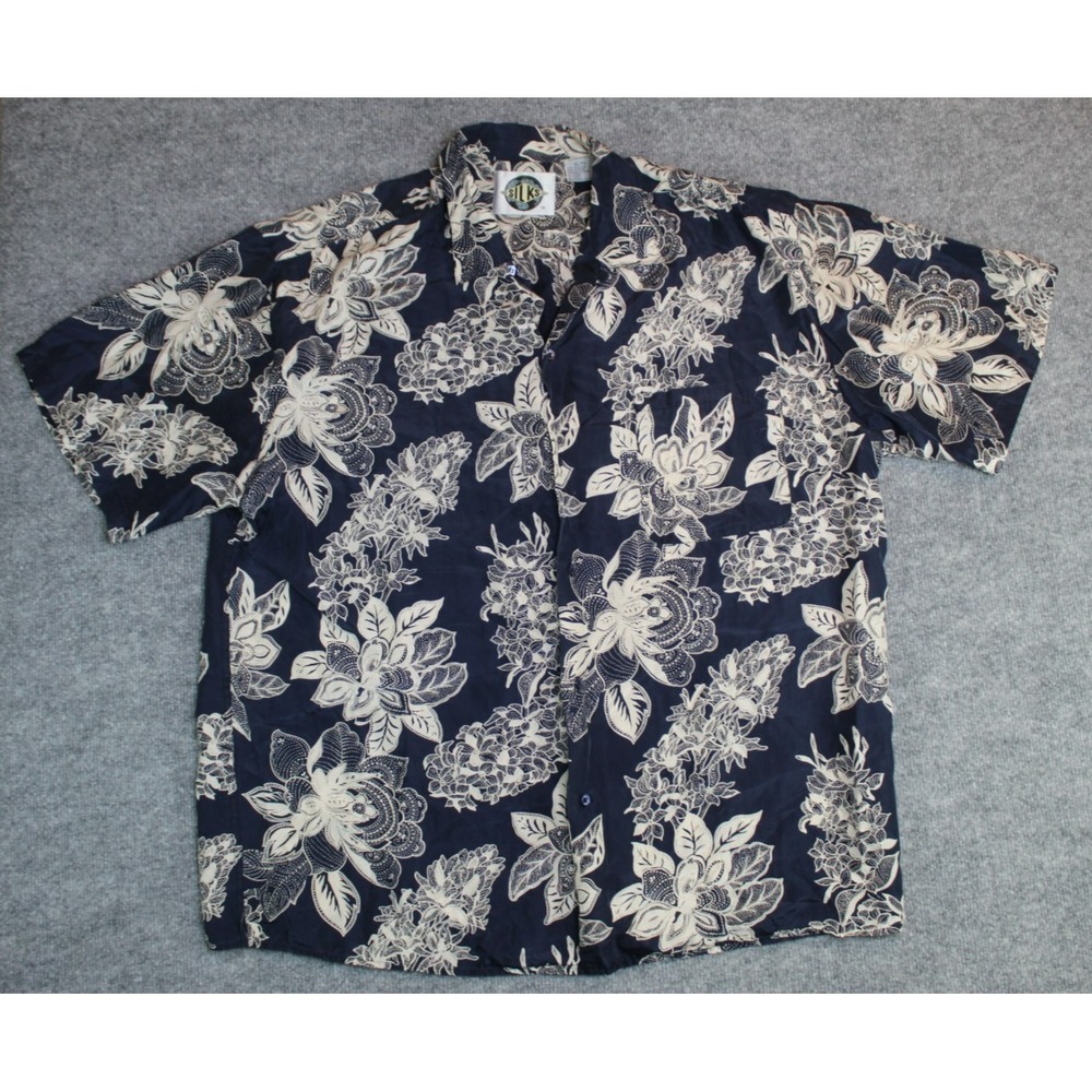 Silks Brand 100%‎ Silk Shirt Mens XL Navy Blue Floral Button Up Short Sleeve EUC